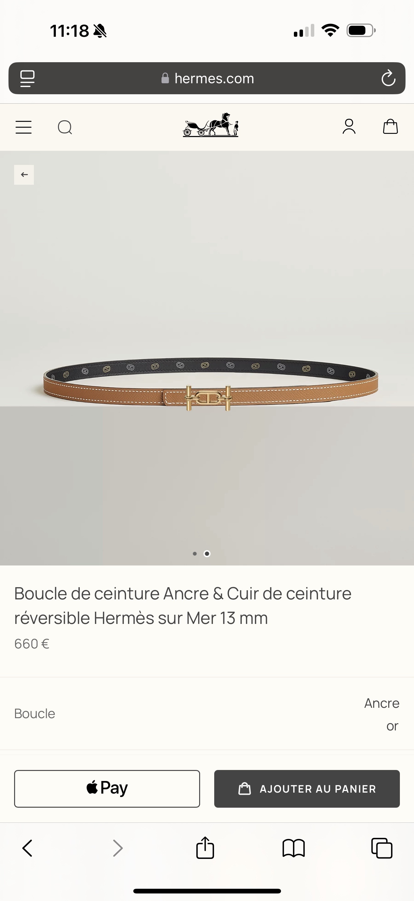 Hermès Ancre 13mm Reversible Leather Belt with Gold Buckle