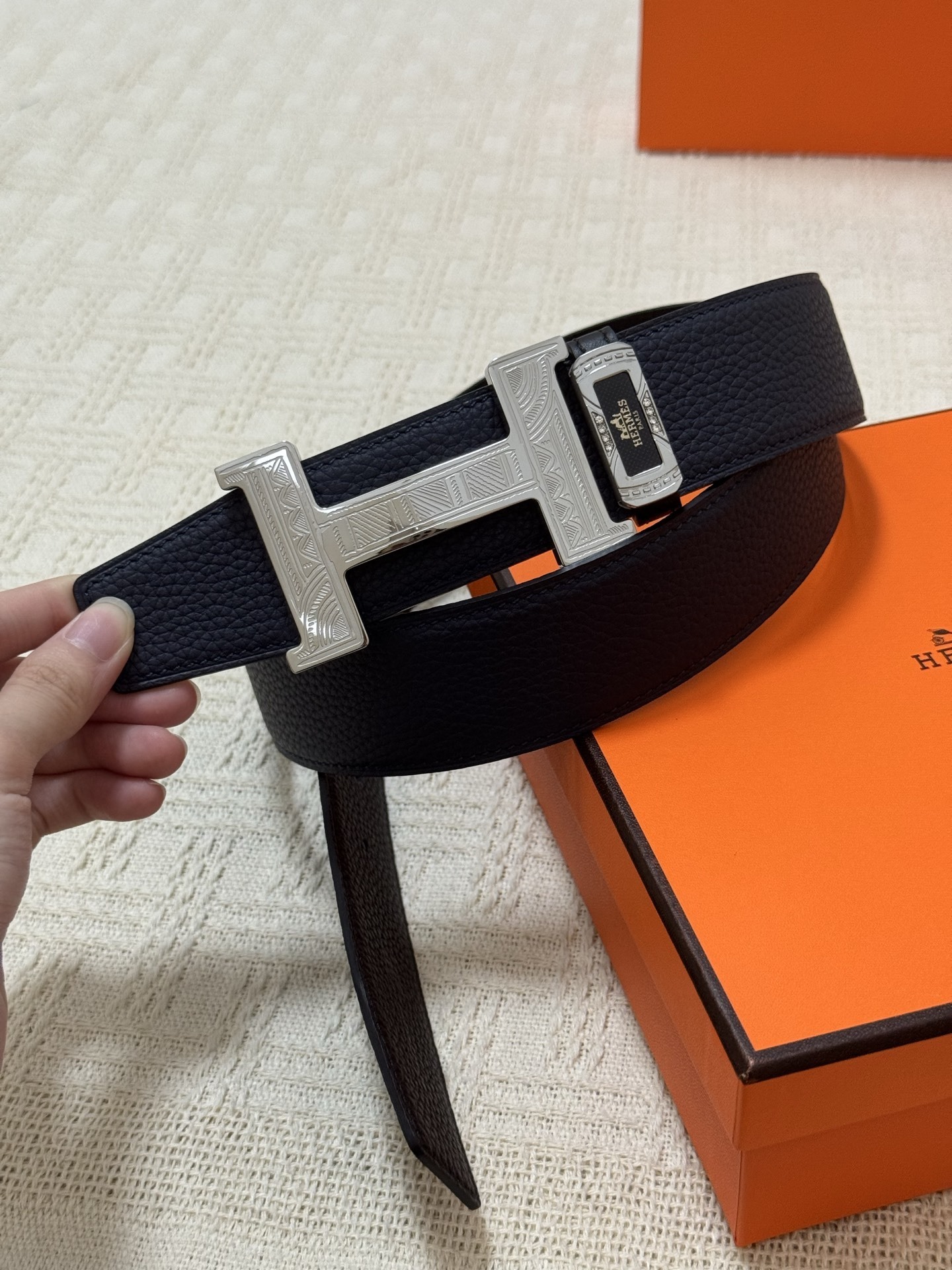 Premium Men's Leather Belt with Engraved Silver H Buckle