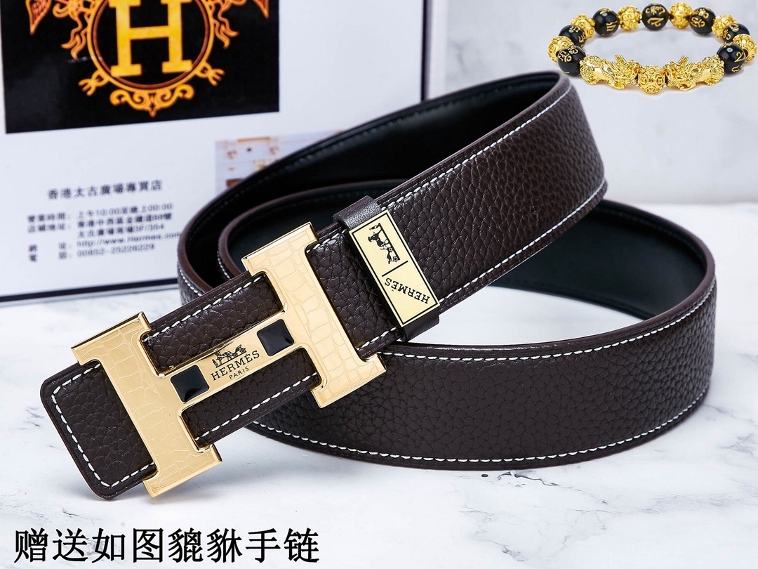 Premium Men's Leather Belt with Gold H Buckle & Lucky Bracelet Set