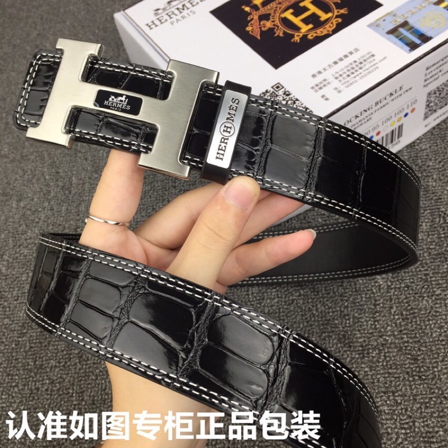 Luxury Men's Black Crocodile Leather Belt with Silver H Buckle