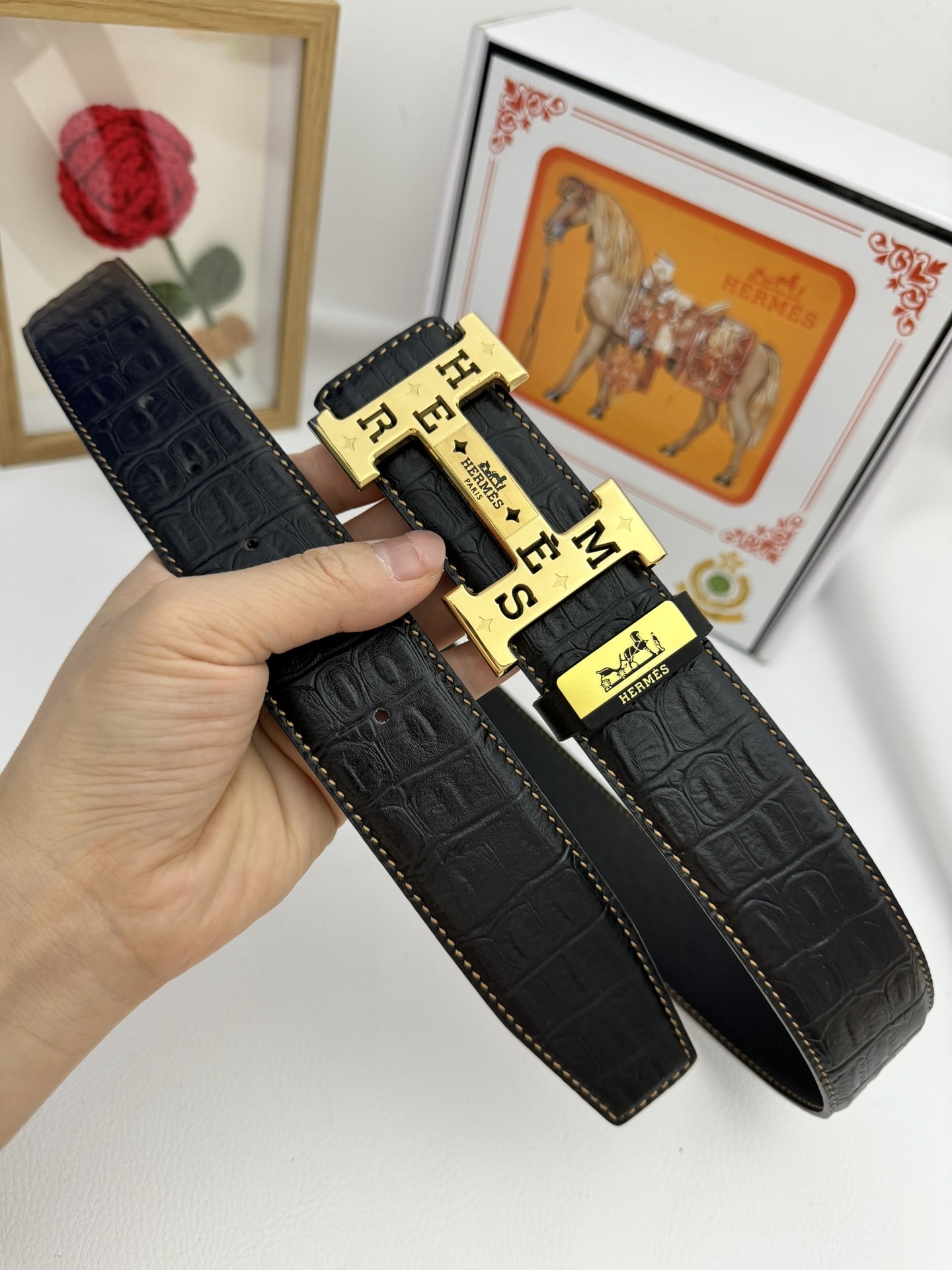Premium Men's Hermes Crocodile Leather Belt - Gold H Buckle