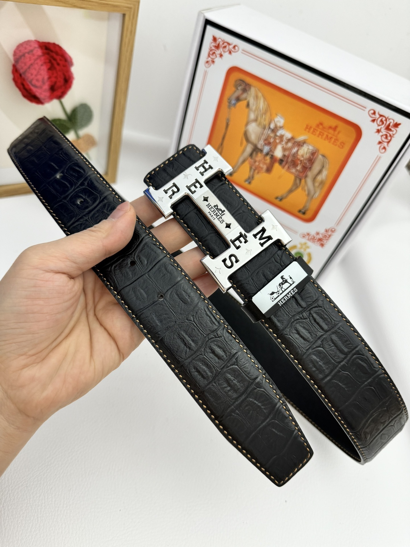Luxury Hermès Black Crocodile Leather Belt with Silver H Buckle