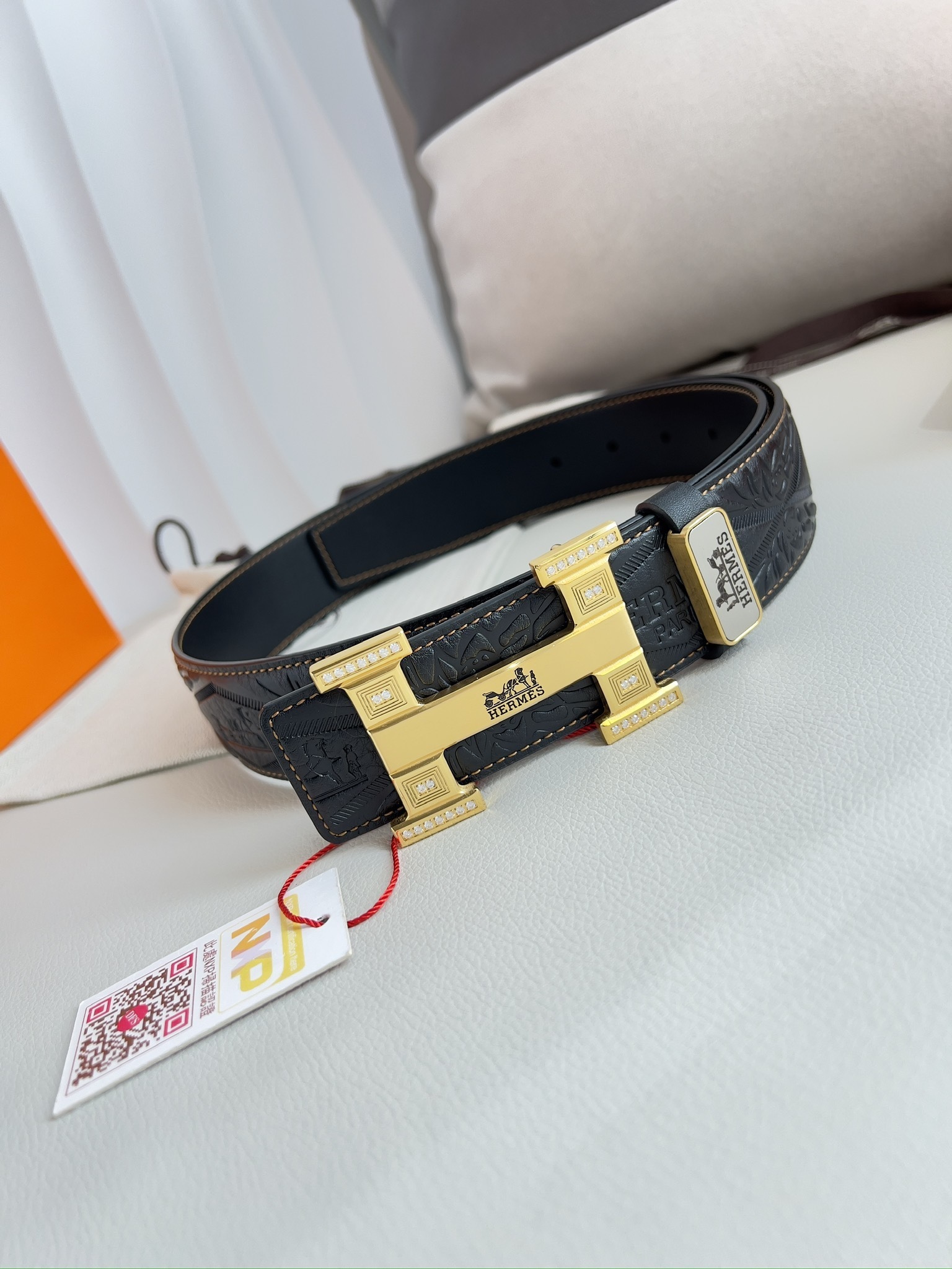 Luxury Black Embossed Leather Belt with Gold Crystal H Buckle