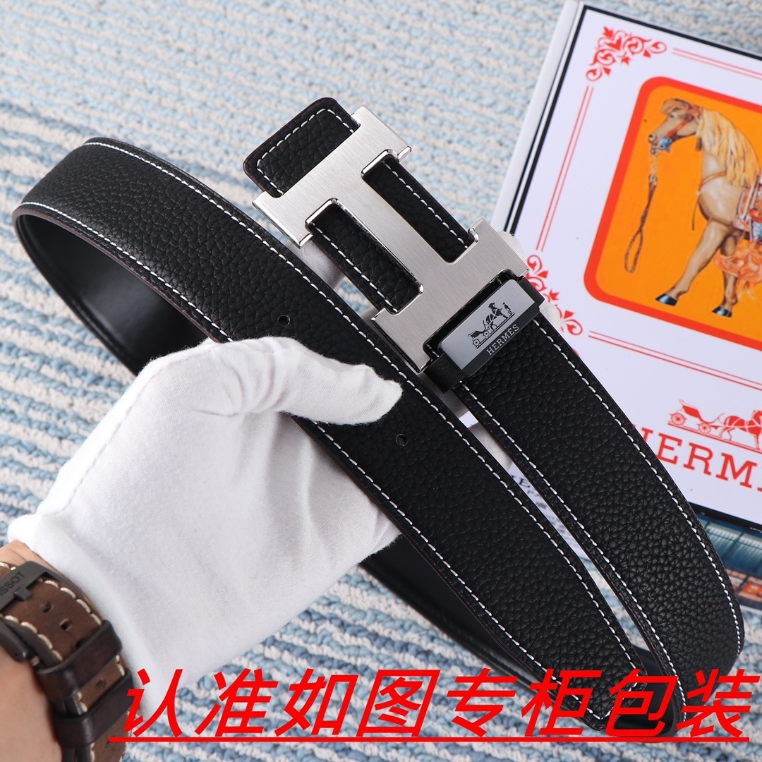 Luxury Hermes Black Pebbled Leather Belt with Silver H Buckle