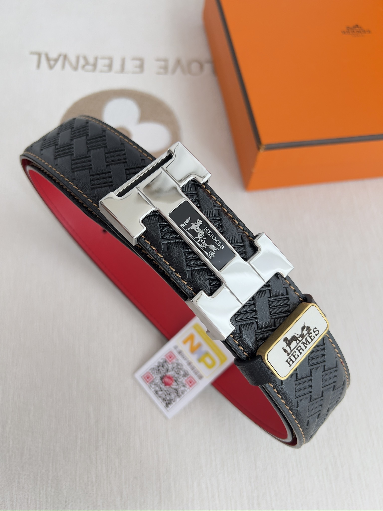 Hermes Men's Textured Leather Belt with Silver H Buckle - Black/Red