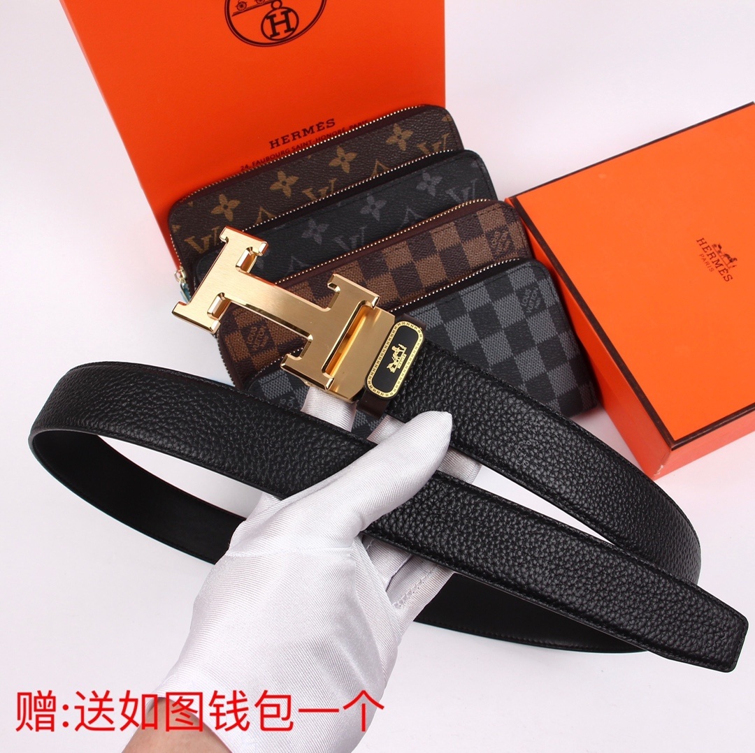 Premium H Leather Belt for Men with Free Designer Long Wallet