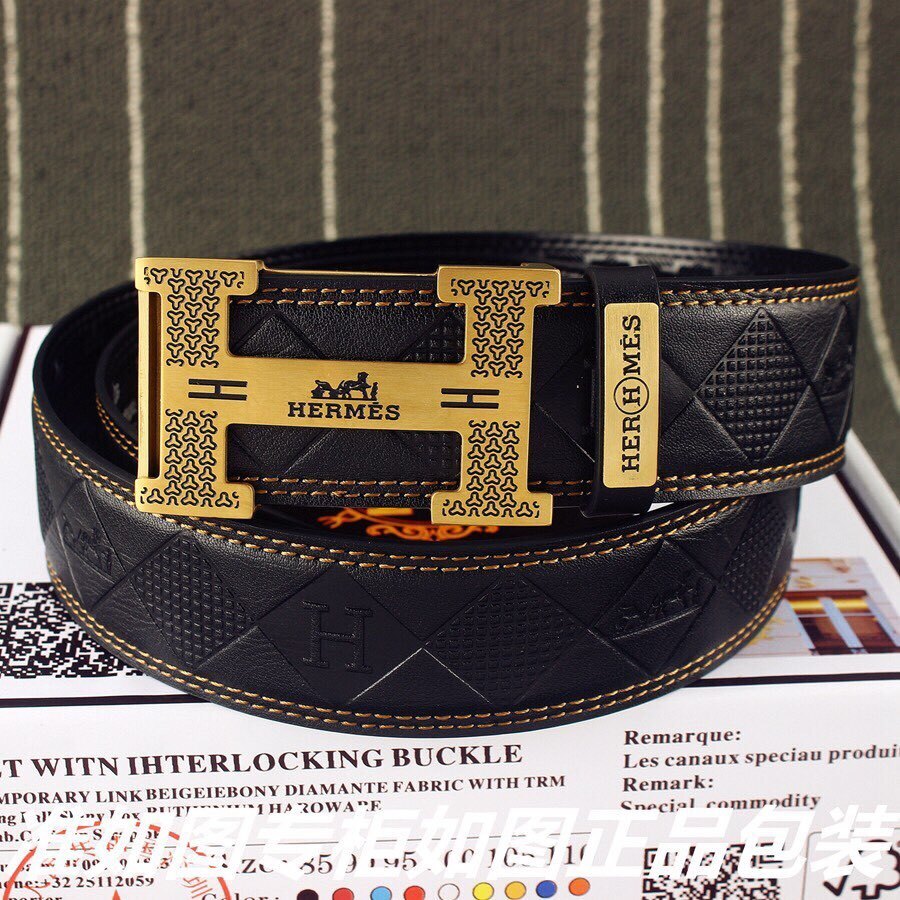 Luxury Hermes Black Leather Belt with Patterned Gold H Buckle