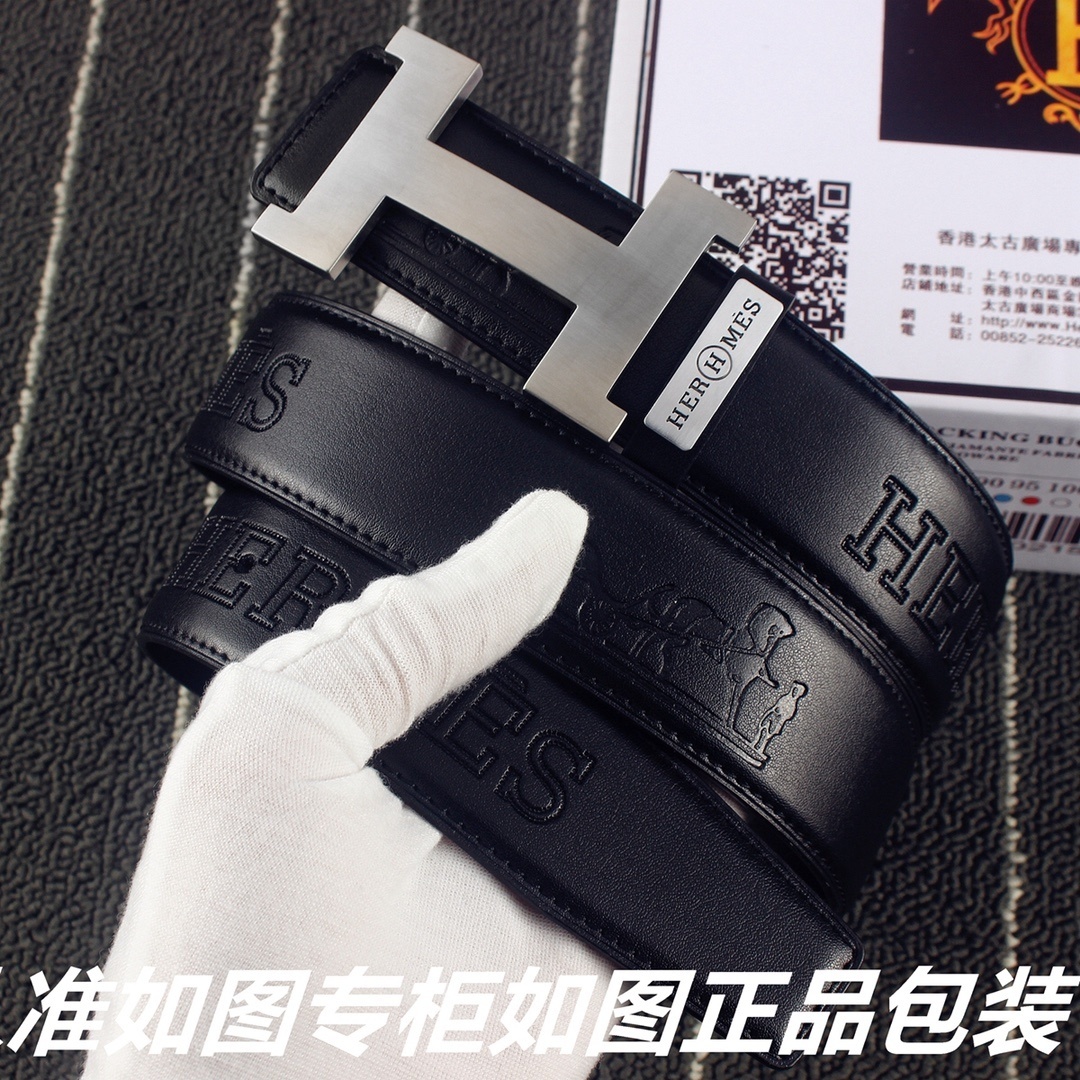 Hermès Men's Black Leather Belt with Silver H Interlocking Buckle