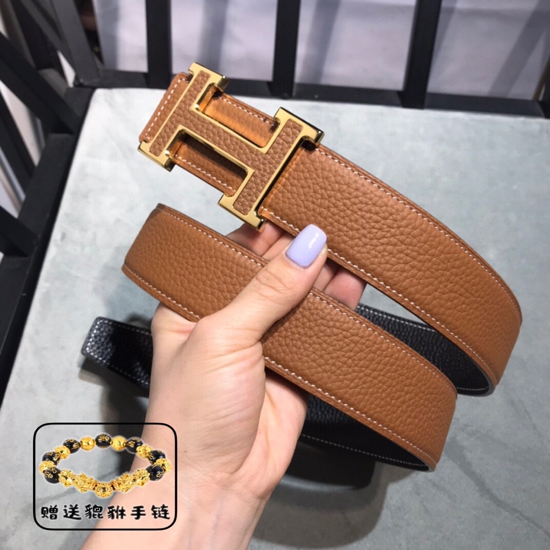 Premium Men's Reversible Leather Belt Gold H Buckle Classic Style