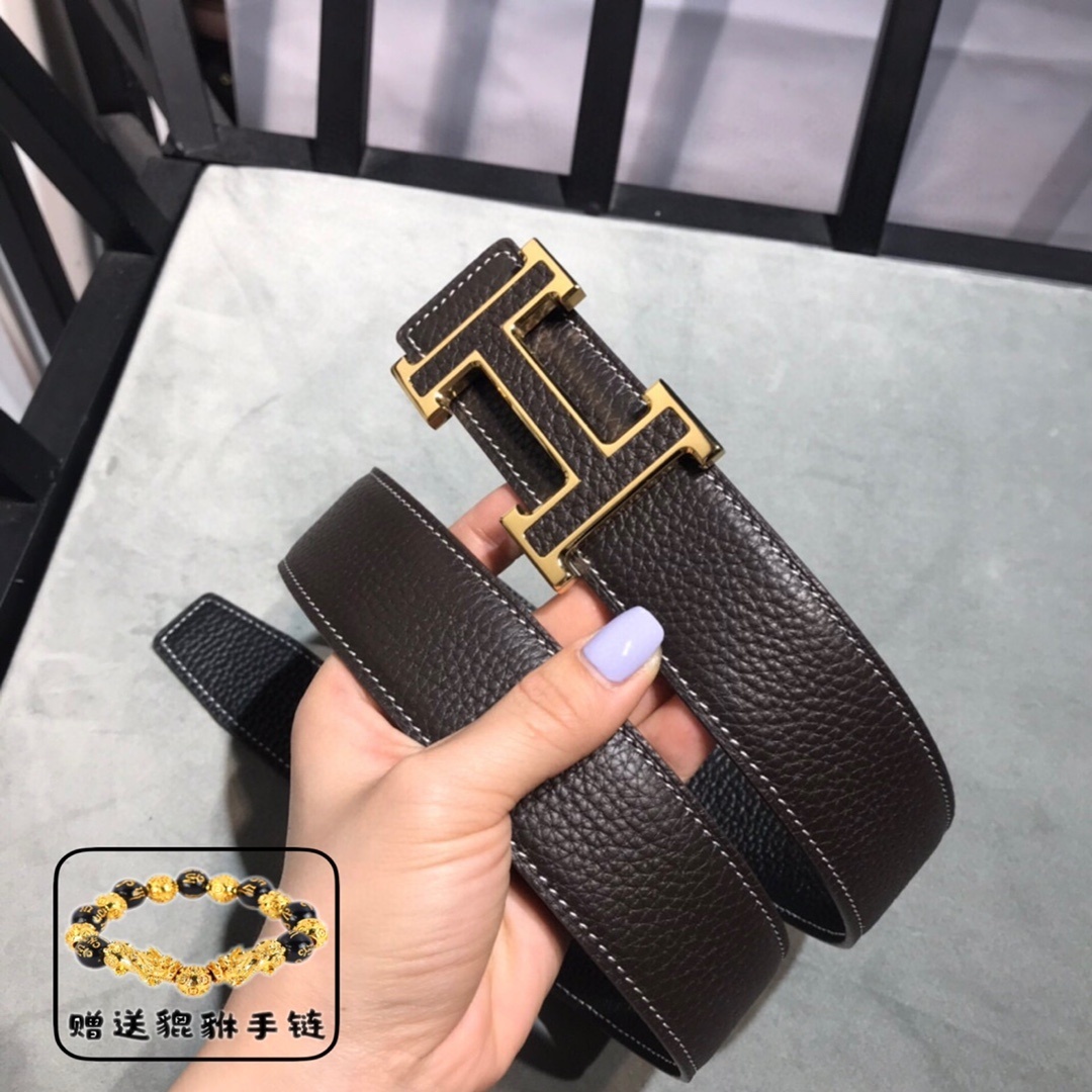 Premium Men's Leather Belt Gold H Buckle + Free Pixiu Bracelet