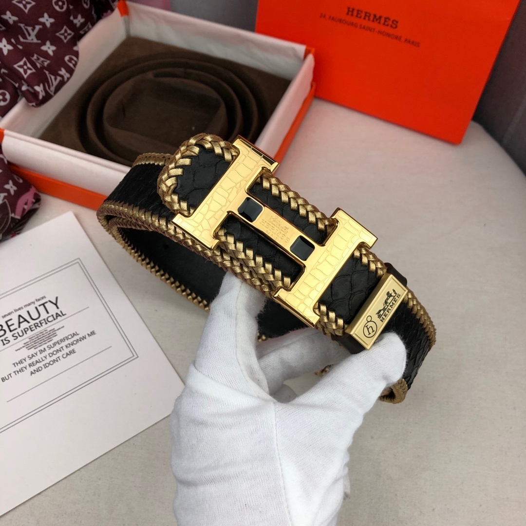 Hermes Luxury H Buckle Belt - Gold Braided Trim Black Leather
