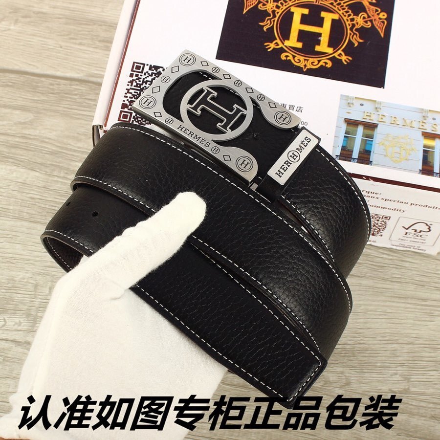 Hermes Luxury Men's Leather Belt with Interlocking H Buckle