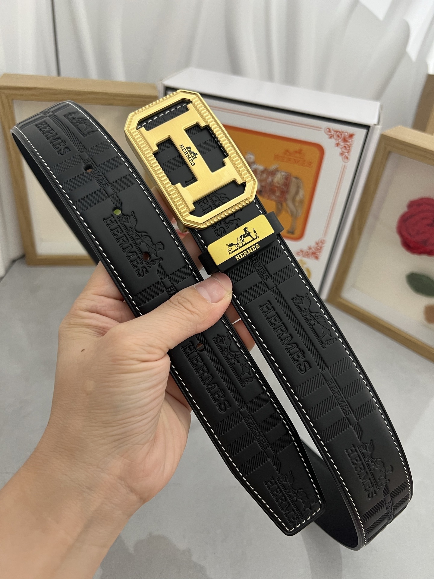 Luxury Hermes Men's Black Leather Belt with Gold H Buckle