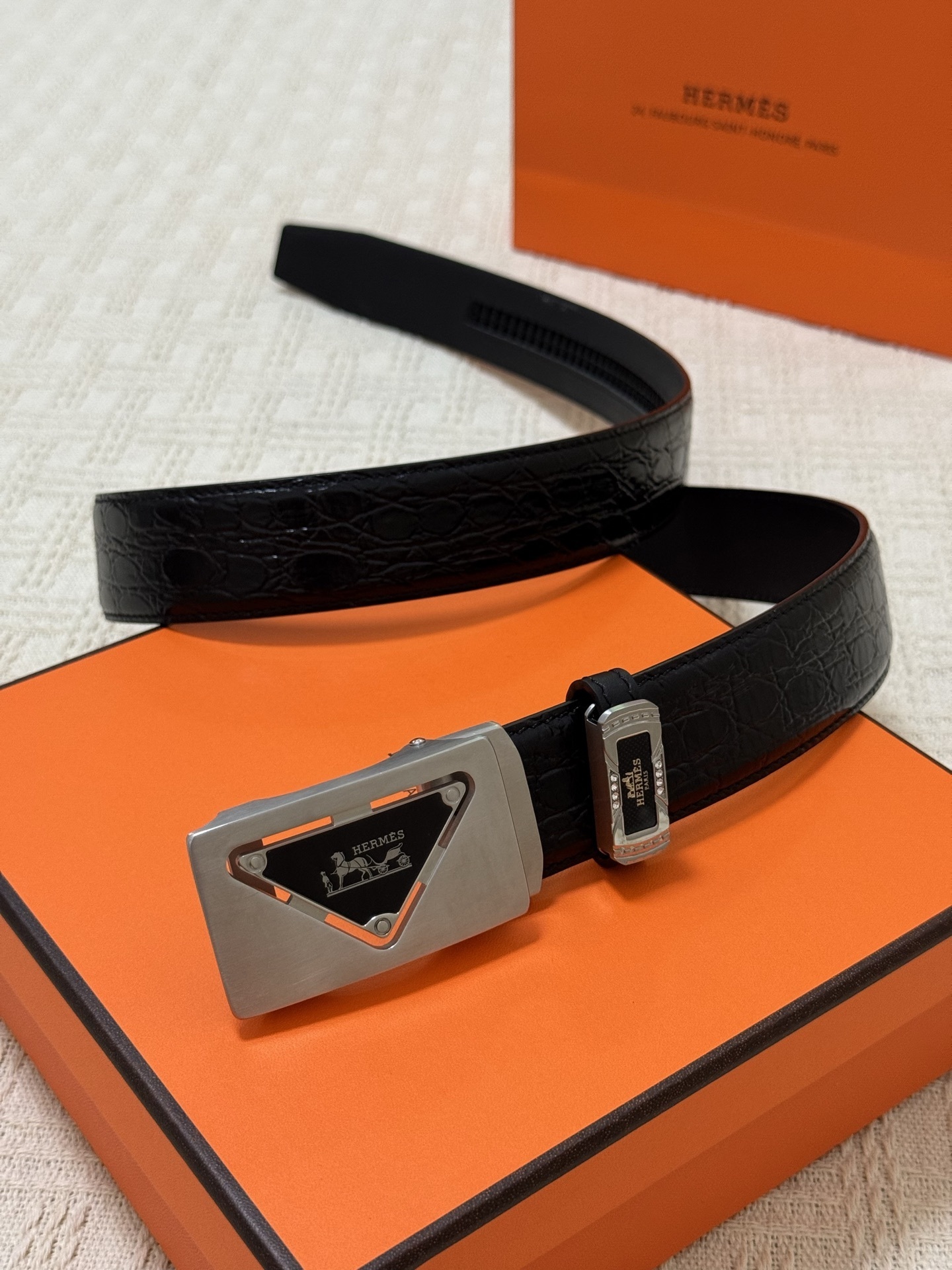 Hermès Black Crocodile Leather Belt with Silver Triangle Buckle