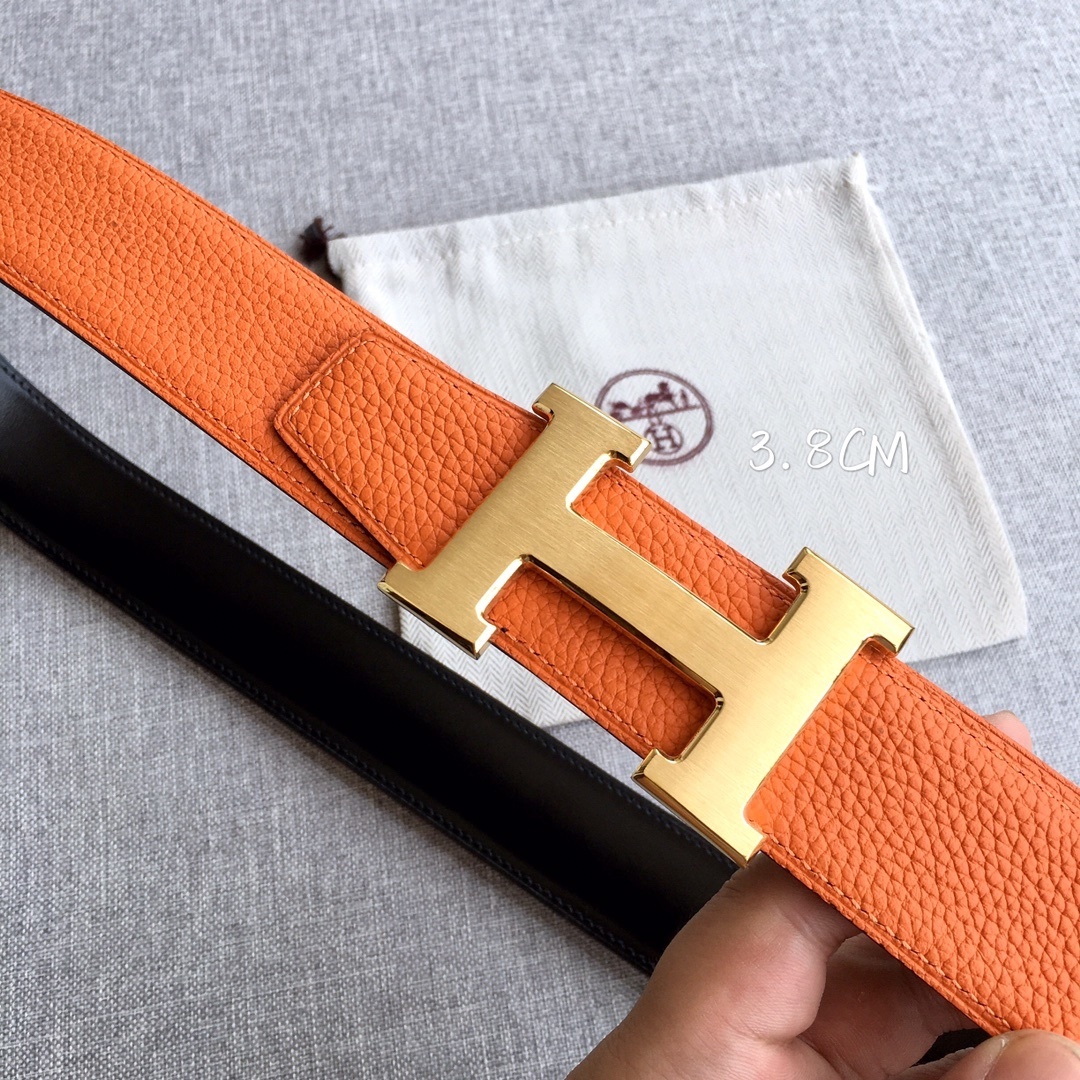Hermes 3.8cm Togo Leather Reversible Belt with Gold H Buckle