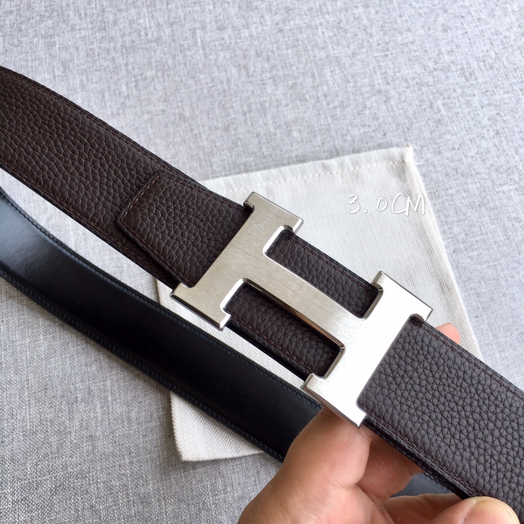 Premium 3.8cm Togo Leather Reversible Belt with Silver H Buckle