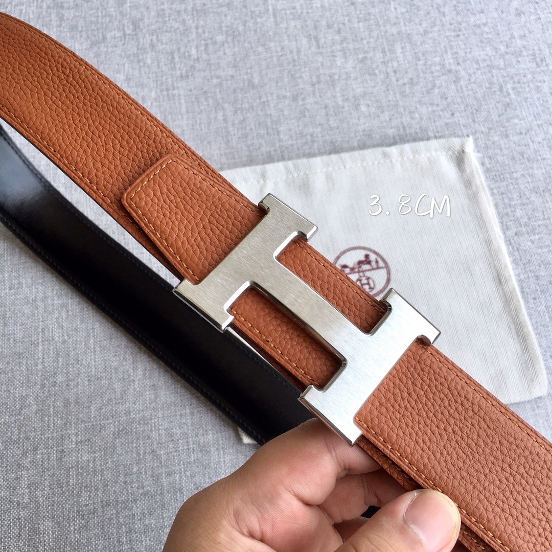 Hermes 3.8cm Togo Reversible Leather Belt with Silver H Buckle