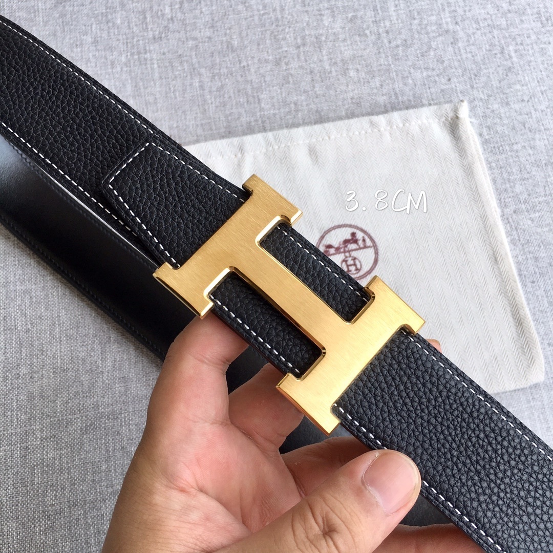 Hermes 3.8cm Togo Leather Reversible Belt with Gold H Buckle