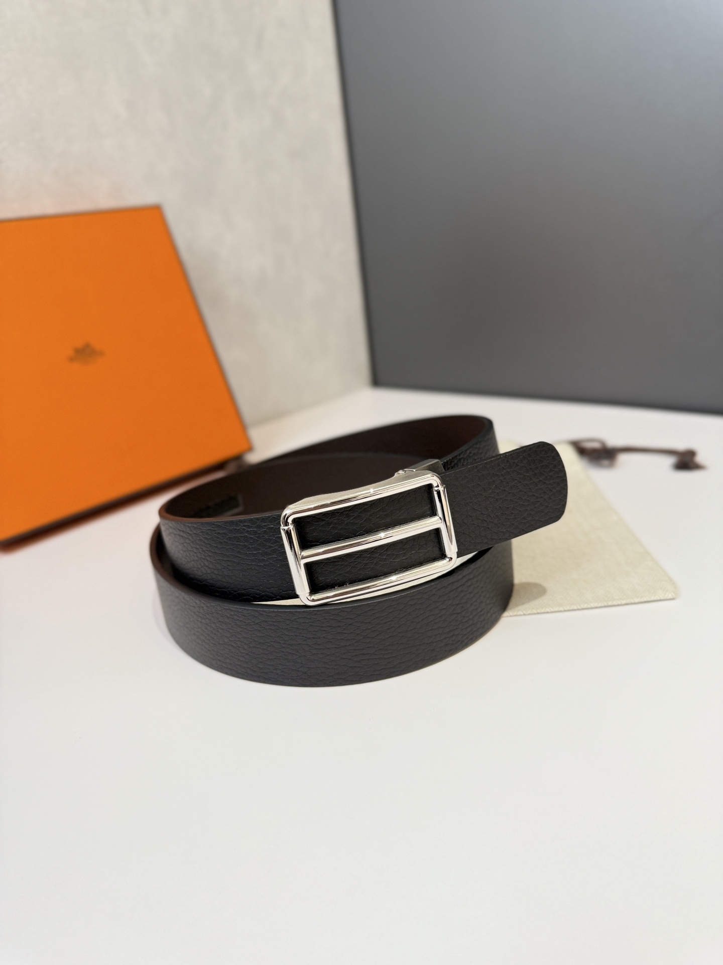 Premium Black Grained Leather Belt with Silver Frame Buckle