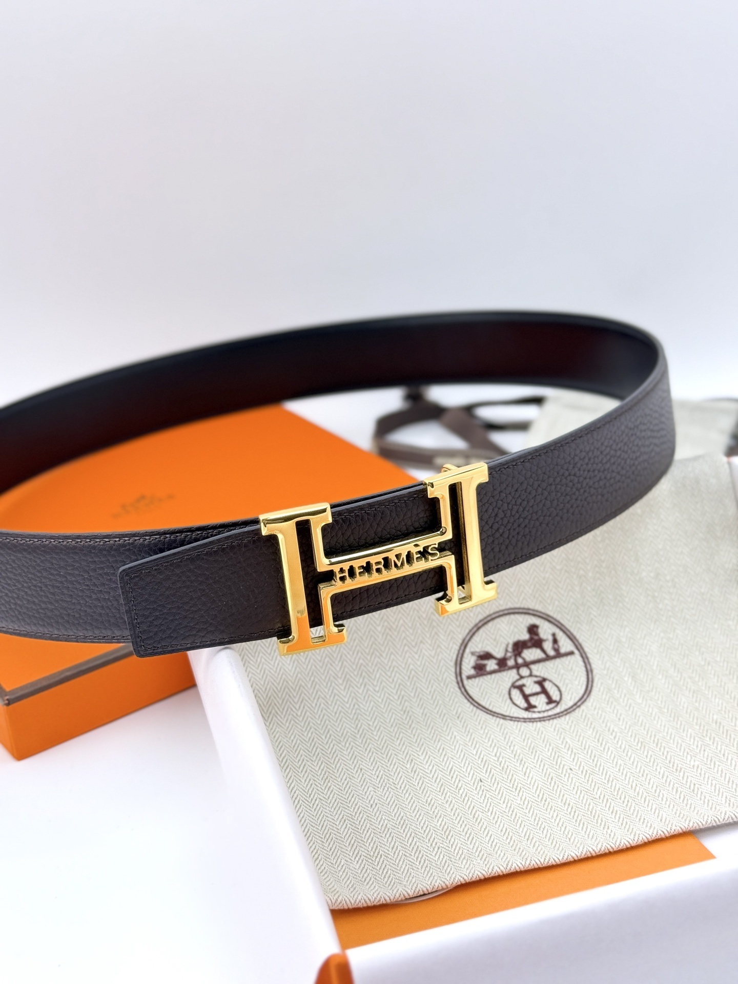Hermès Reversible Leather Belt with Gold-Tone H Buckle