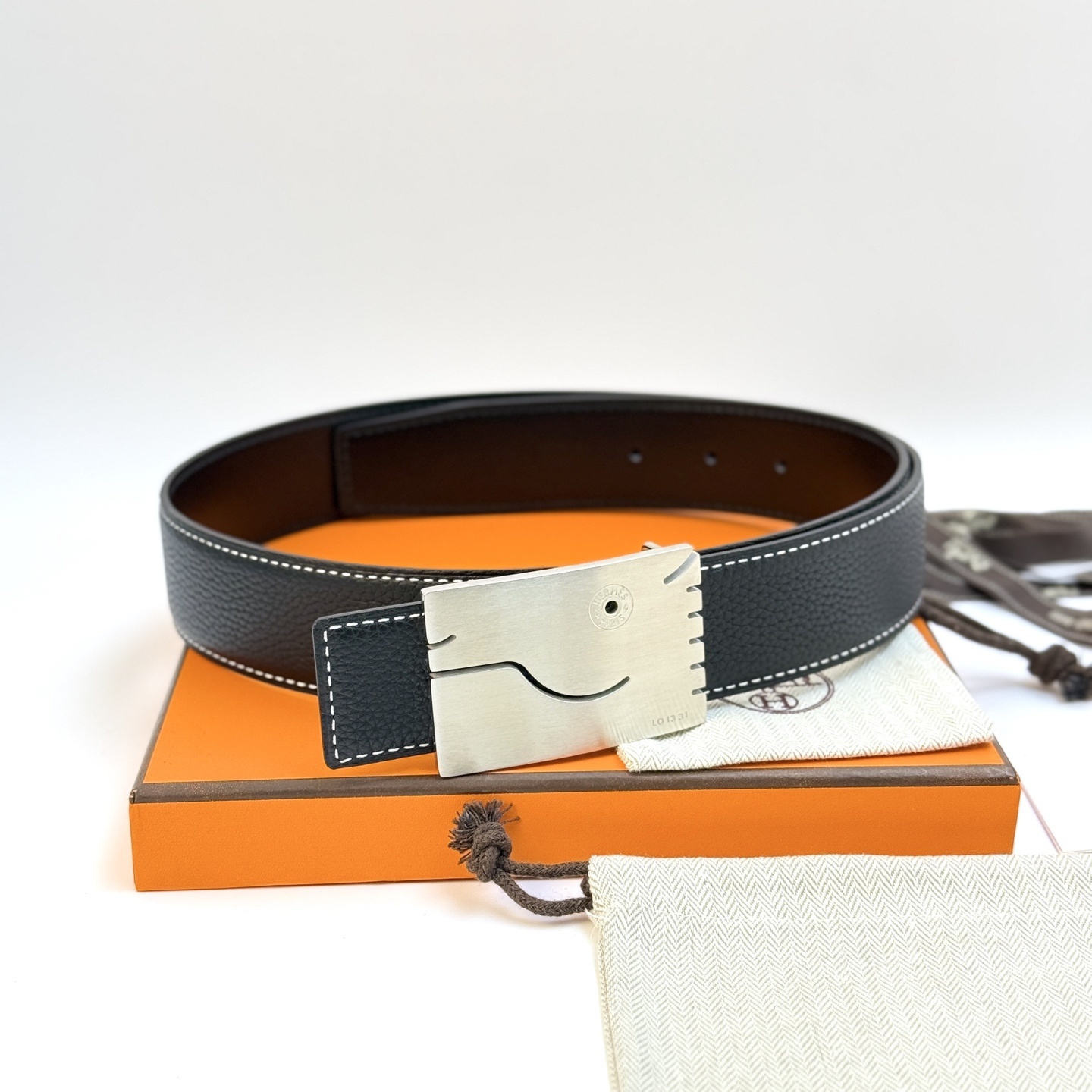 Hermes Men's Black Leather Belt with Brushed Silver Smile Buckle