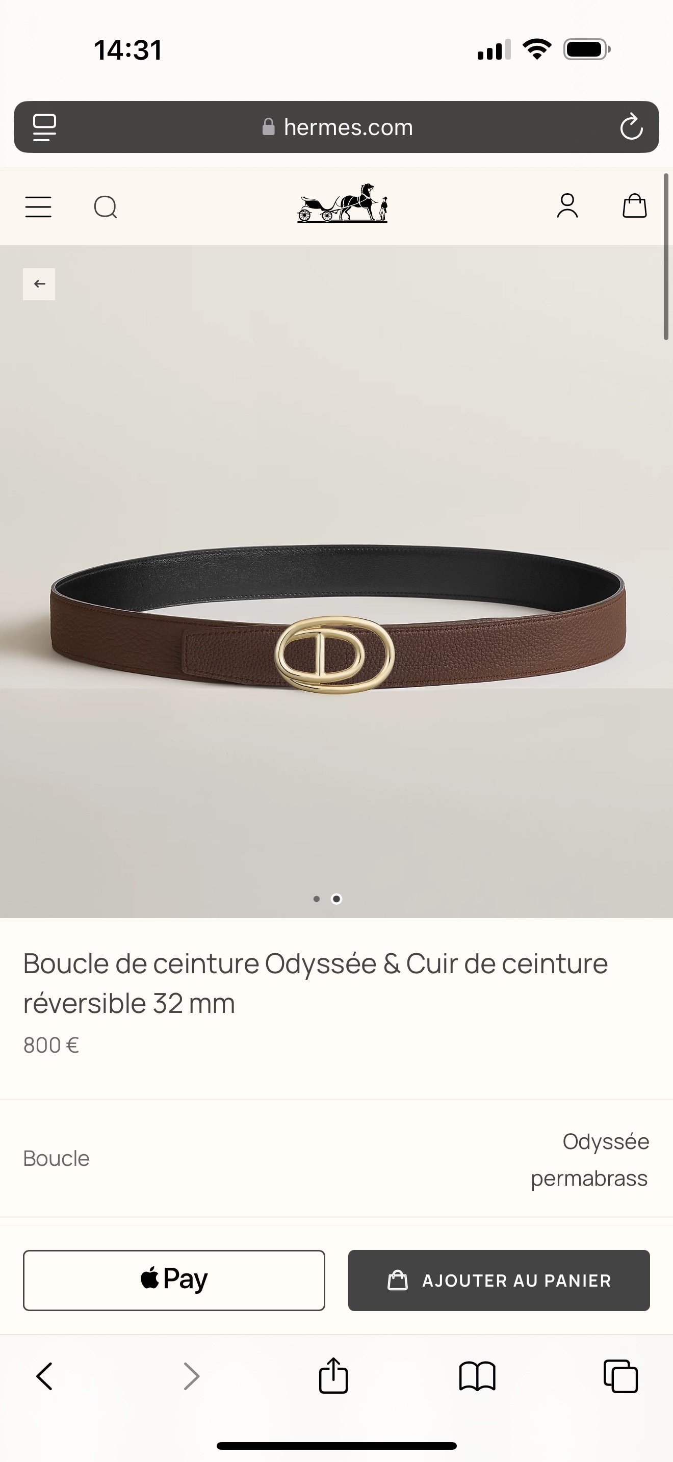 Hermès Odyssée Reversible Leather Belt 32mm Gold Buckle