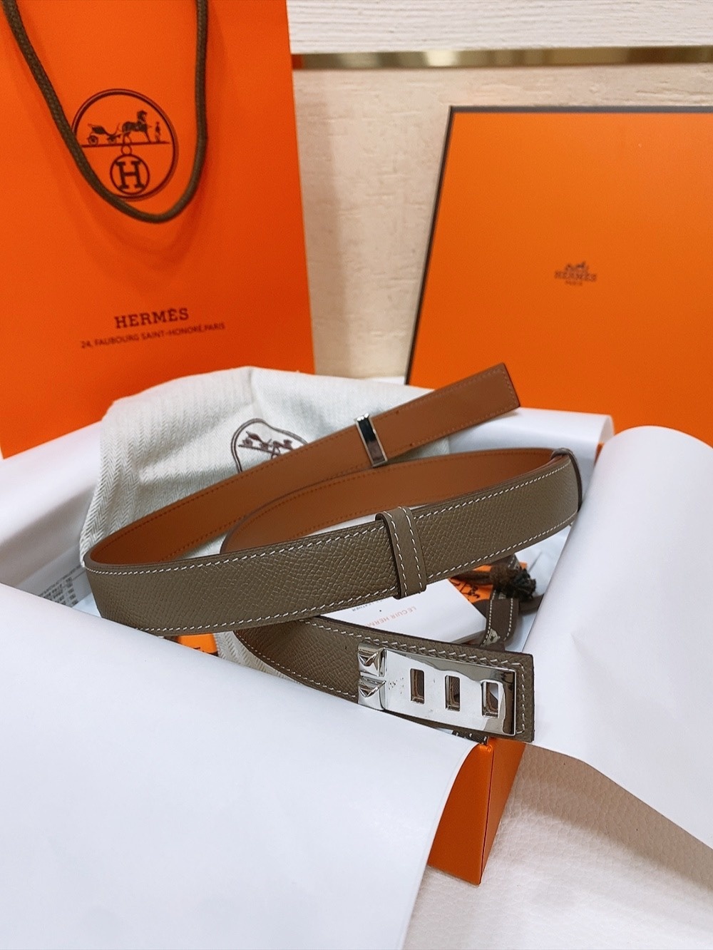 Hermes Kelly Belt Etoupe Epsom Leather with Palladium Hardware