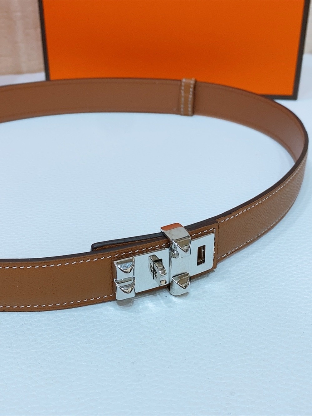 Luxury Hermes Kelly Belt - Brown Leather with Silver Medor Buckle
