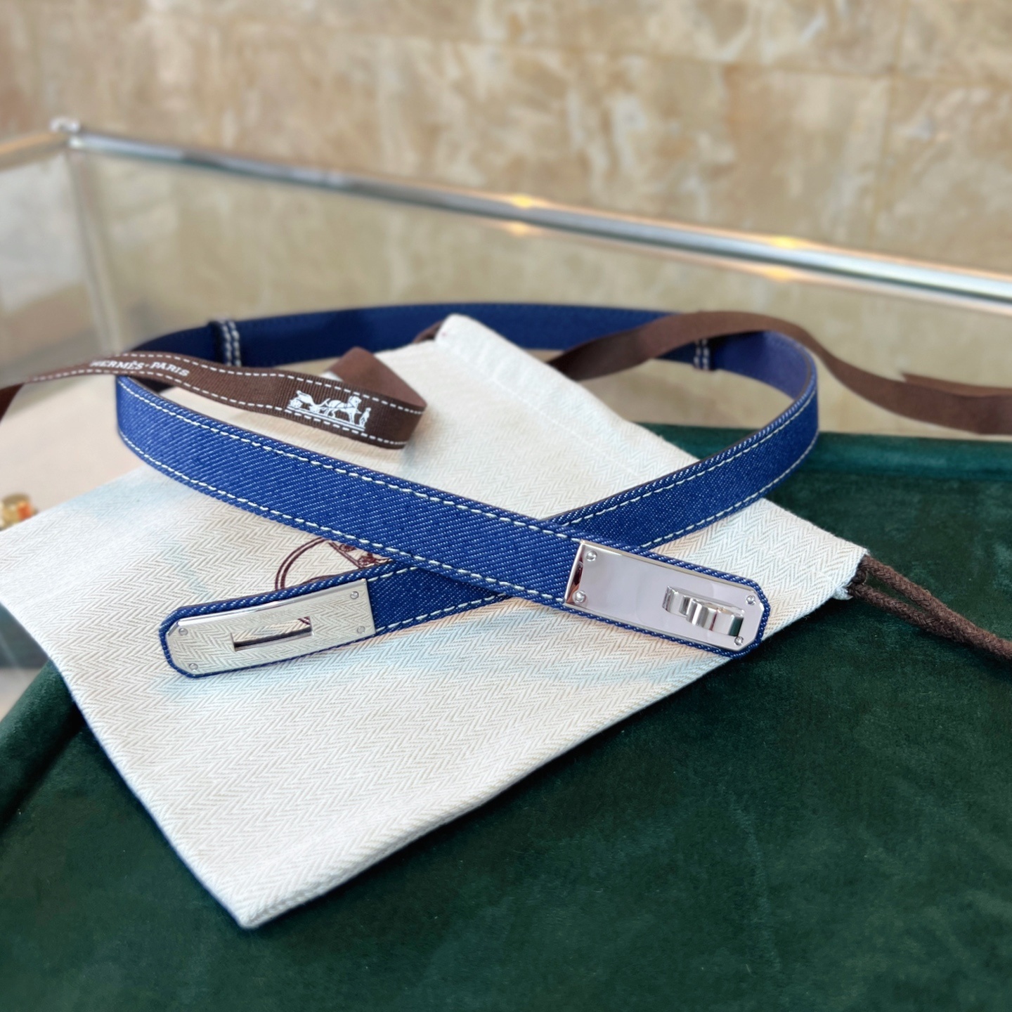 Hermès Kelly 18 Belt Blue Denim with Palladium Hardware