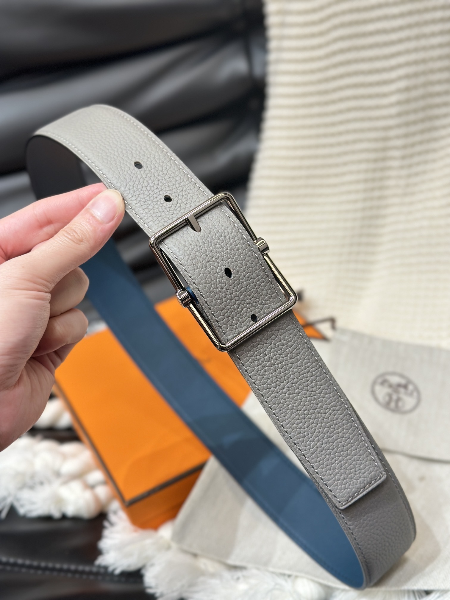 Hermès Men's Reversible Leather Belt - Grey & Blue with Silver Buckle