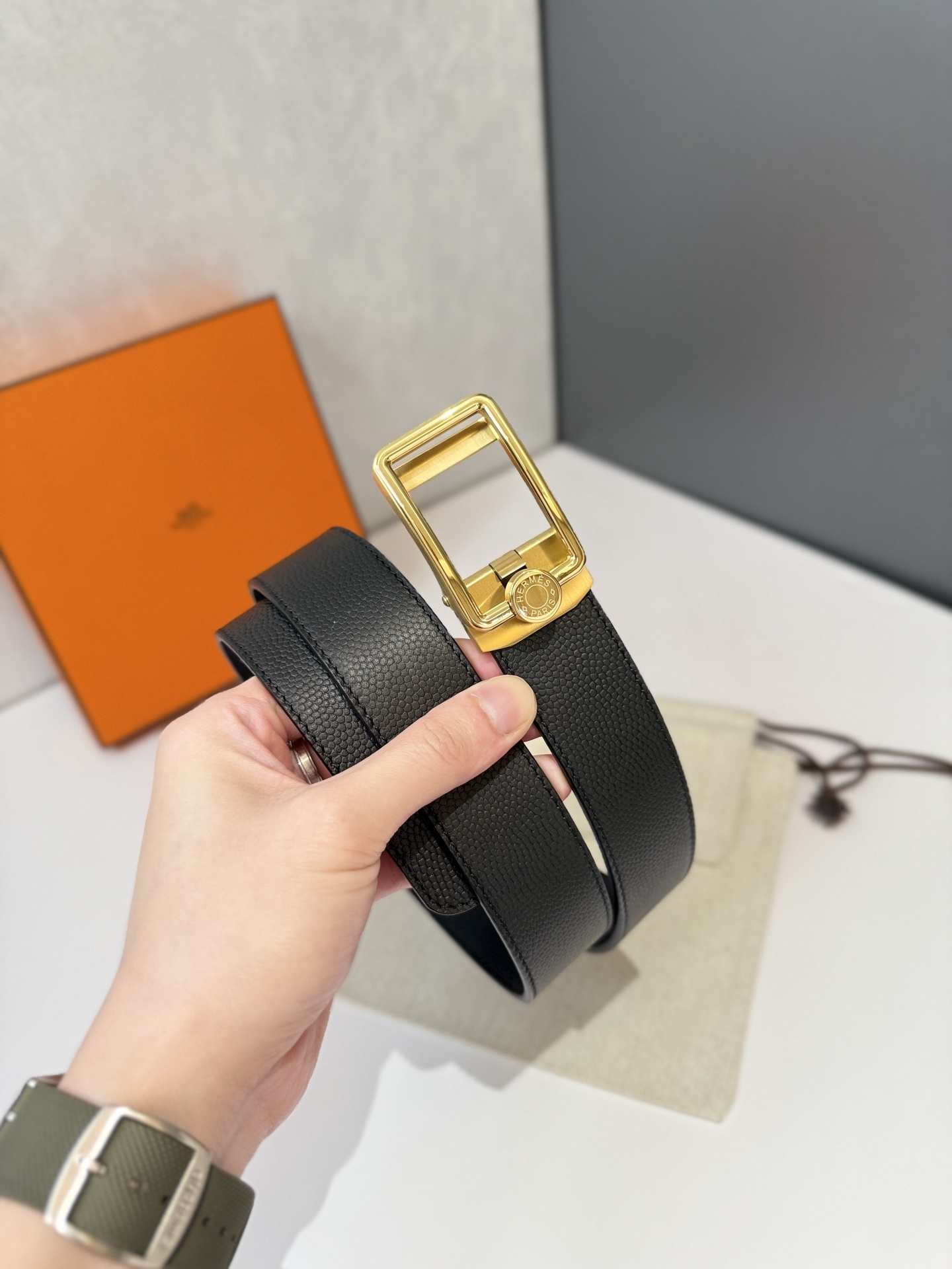 Luxury Hermes Black Textured Leather Belt with Gold Frame Buckle