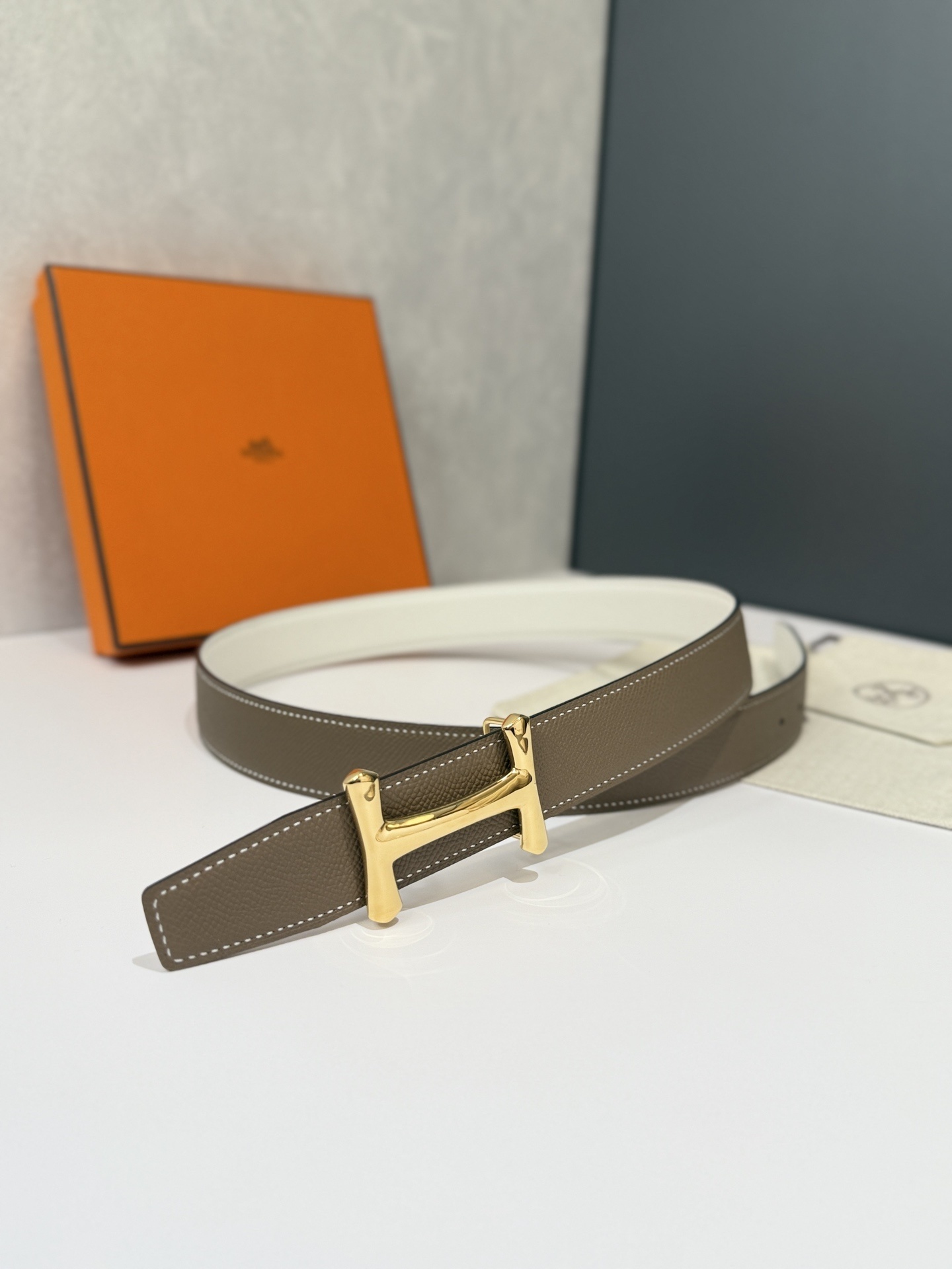 Hermes Reversible Belt Etoupe & White Epsom Leather Gold Buckle
