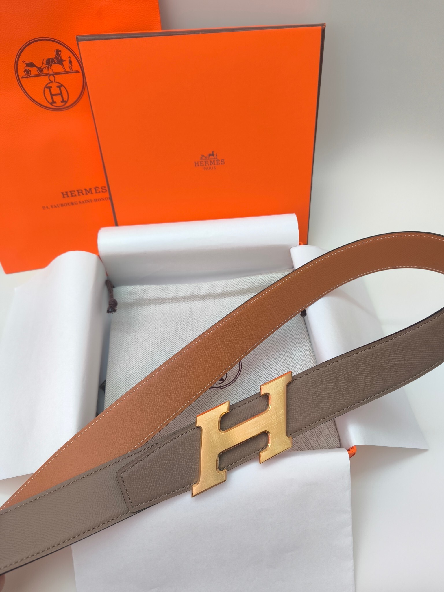 Hermès H Buckle Reversible Leather Belt - Etoupe and Gold