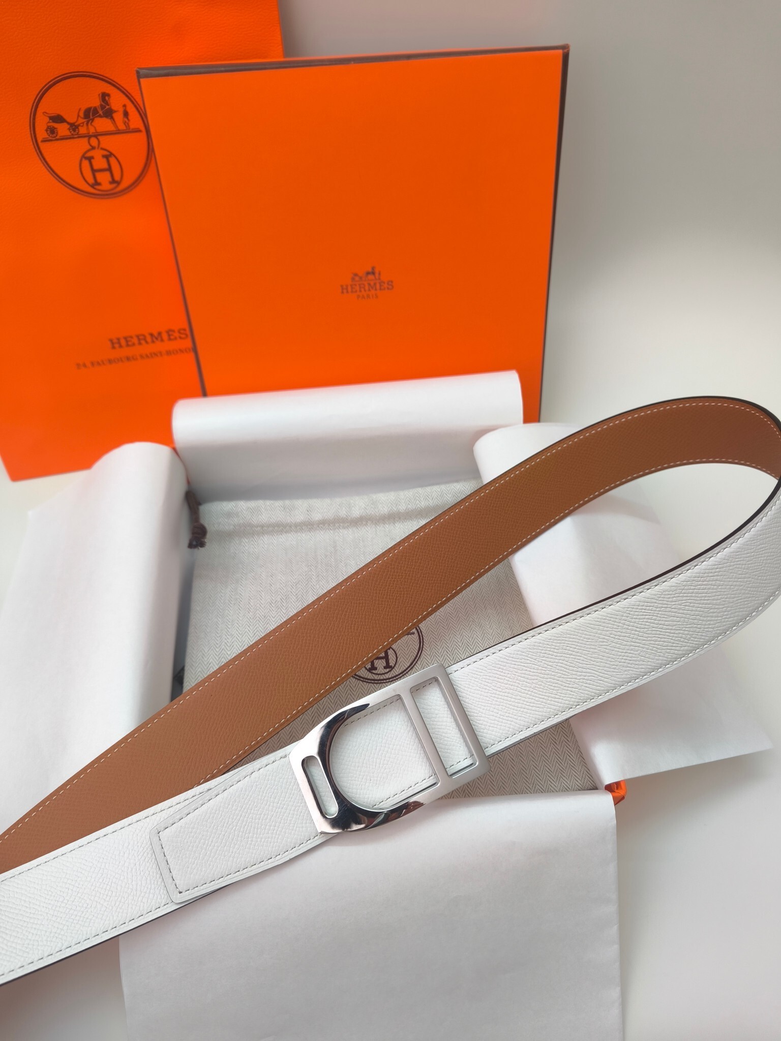 Hermès Reversible Epsom Leather Belt - White & Tan Silver Buckle