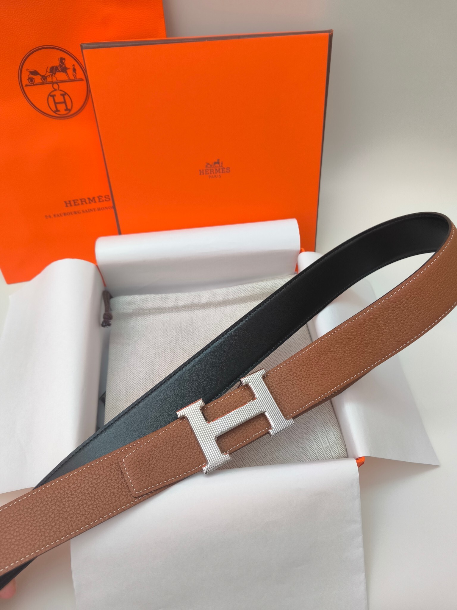 Classic Reversible Leather Belt with Silver Textured H Buckle