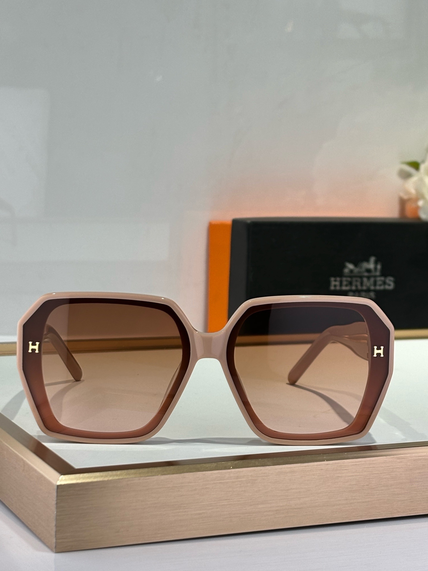Hermes Women's Oversized Square Sunglasses - Beige & Brown
