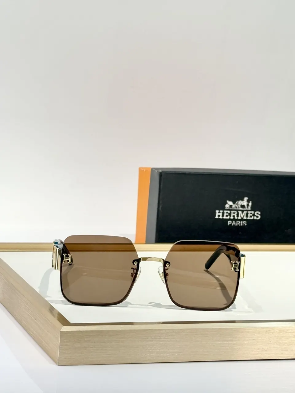 square Hermes Gold-Trim Brown Lens Sunglasses - Hermes Gold-Trim Brown