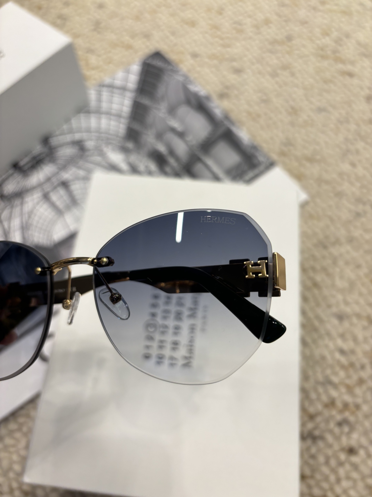 Hermes Rimless Cat-Eye Sunglasses with Gold H Logo & Blue Gradient