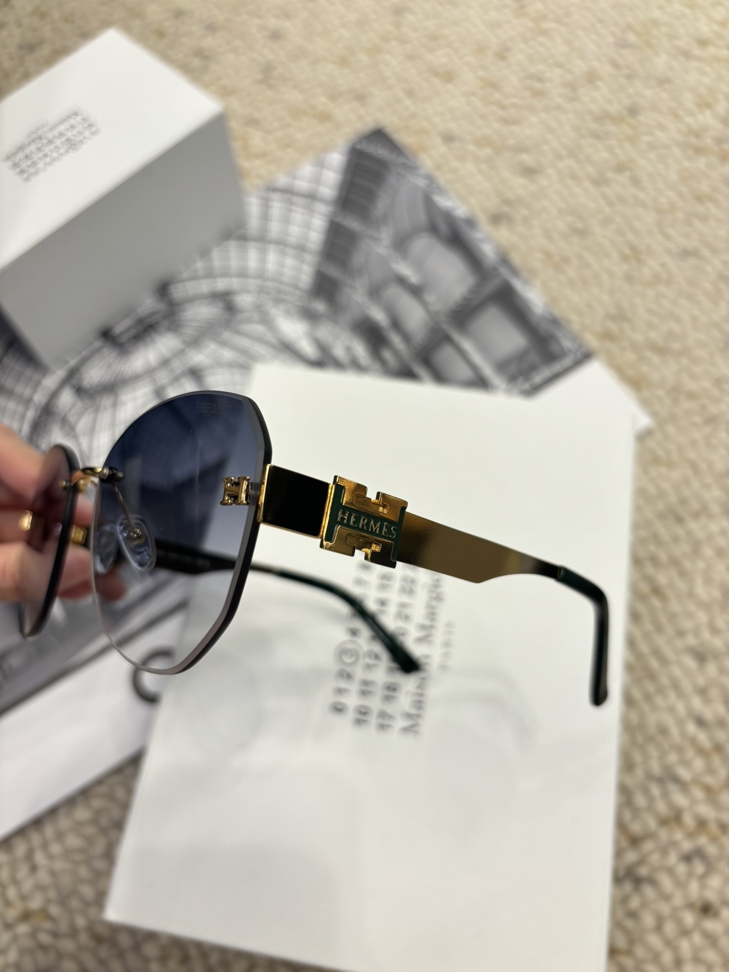 Hermes Rimless Cat-Eye Sunglasses with Gold H Logo & Blue Gradient