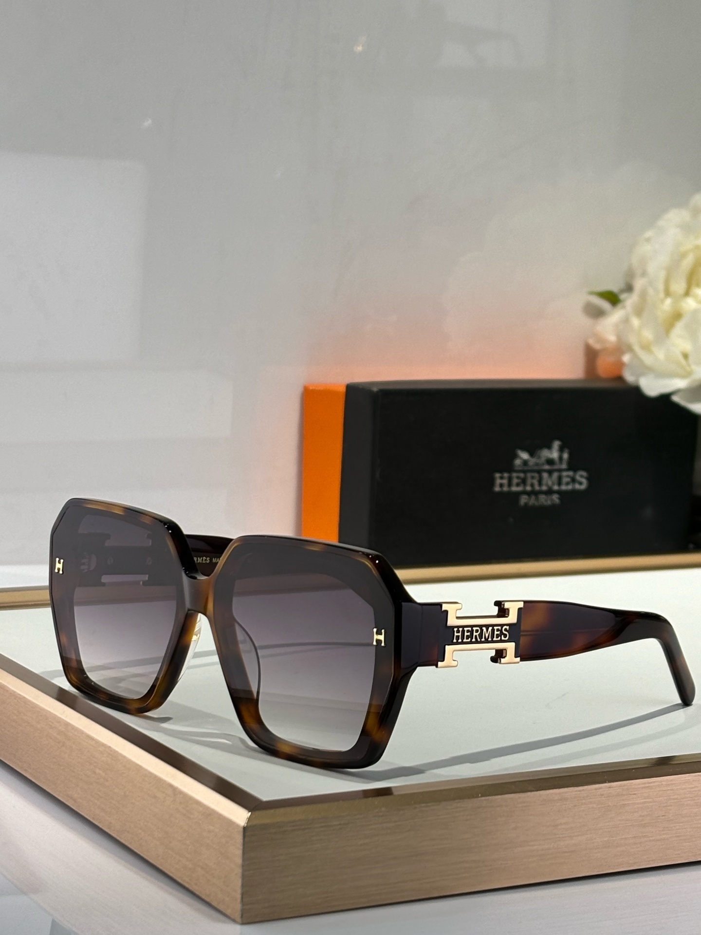 Hermes Oversized Tortoiseshell Sunglasses with Gold H Logo