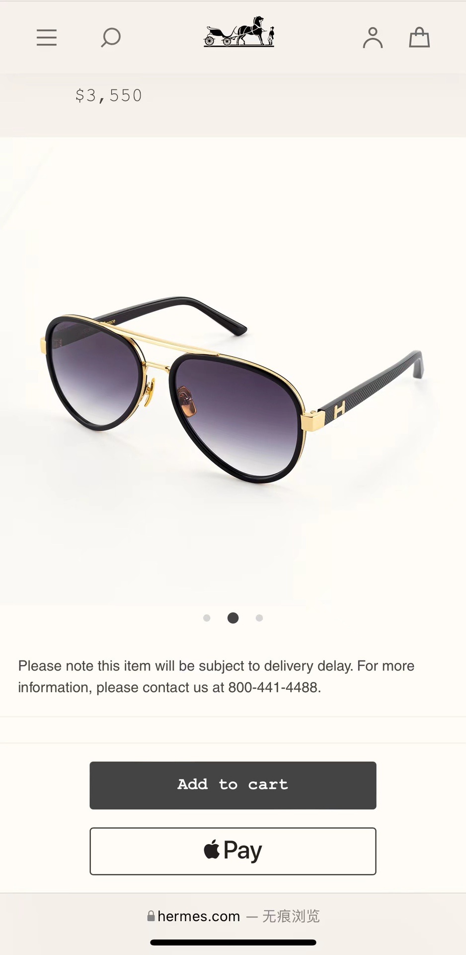 gold Hermès Black Aviator Sunglasses – Hermès Black Aviator Sunglasses