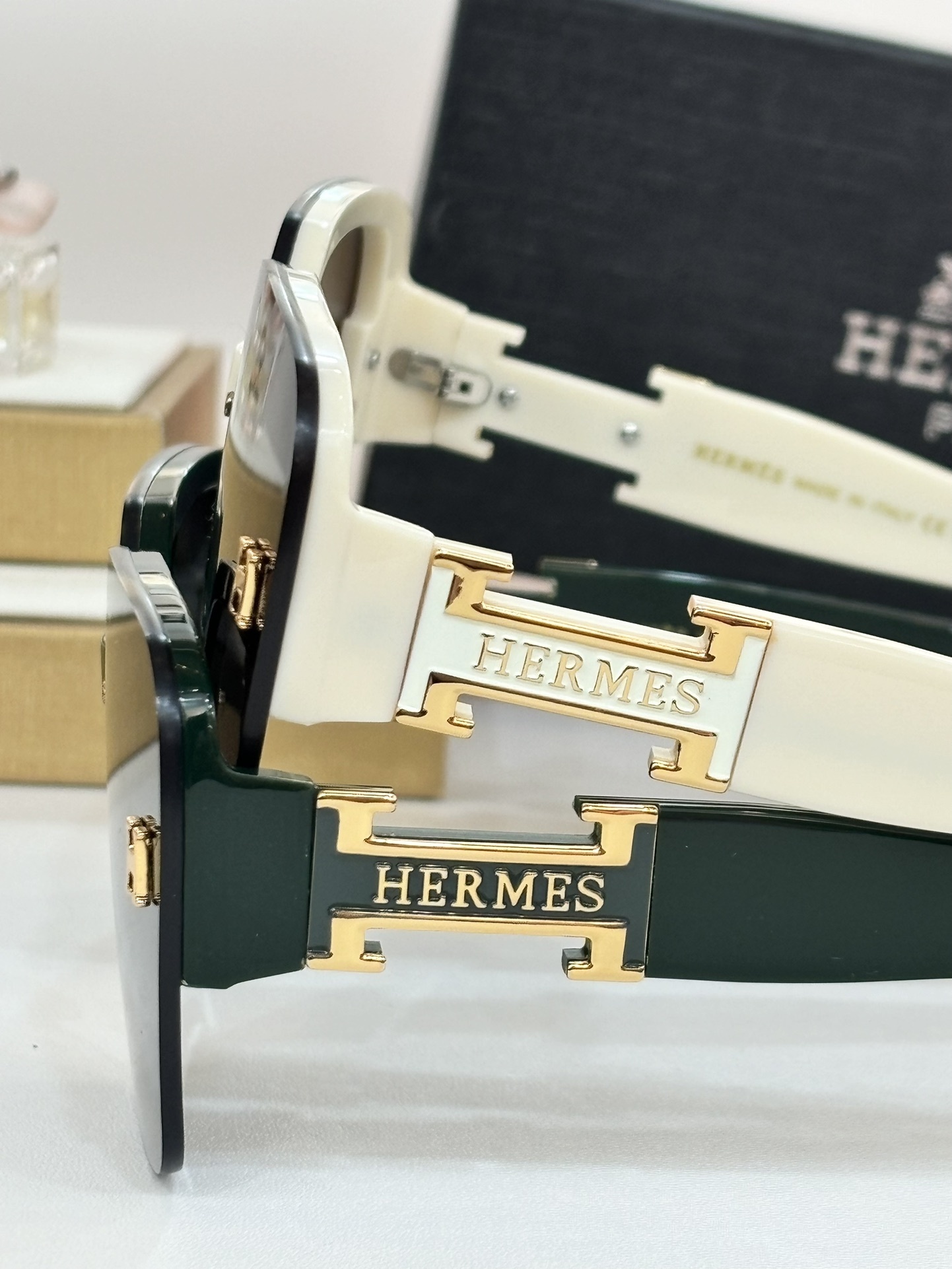 Hermes Luxury Oversized Square Sunglasses – Beige & Gold Tone