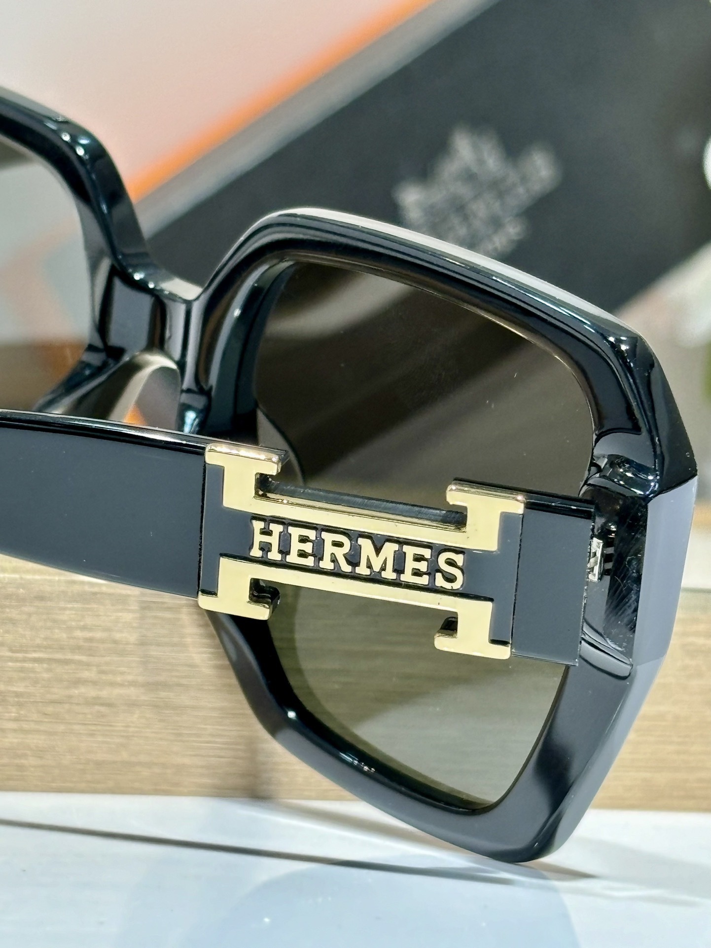 Hermès Oversized Square Orange Sunglasses with Gold H Logo