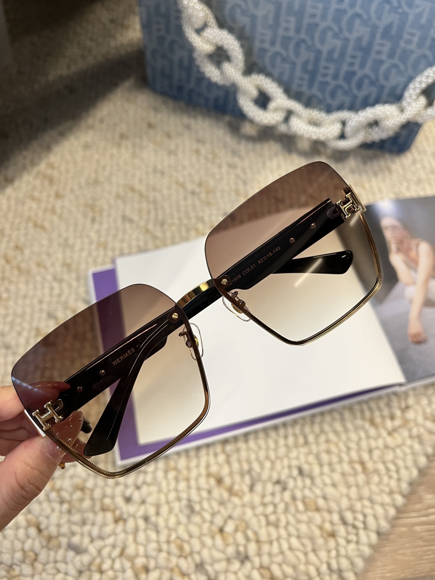 Luxury Oversized Square Sunglasses with Gradient Lens & Gold H-Logo