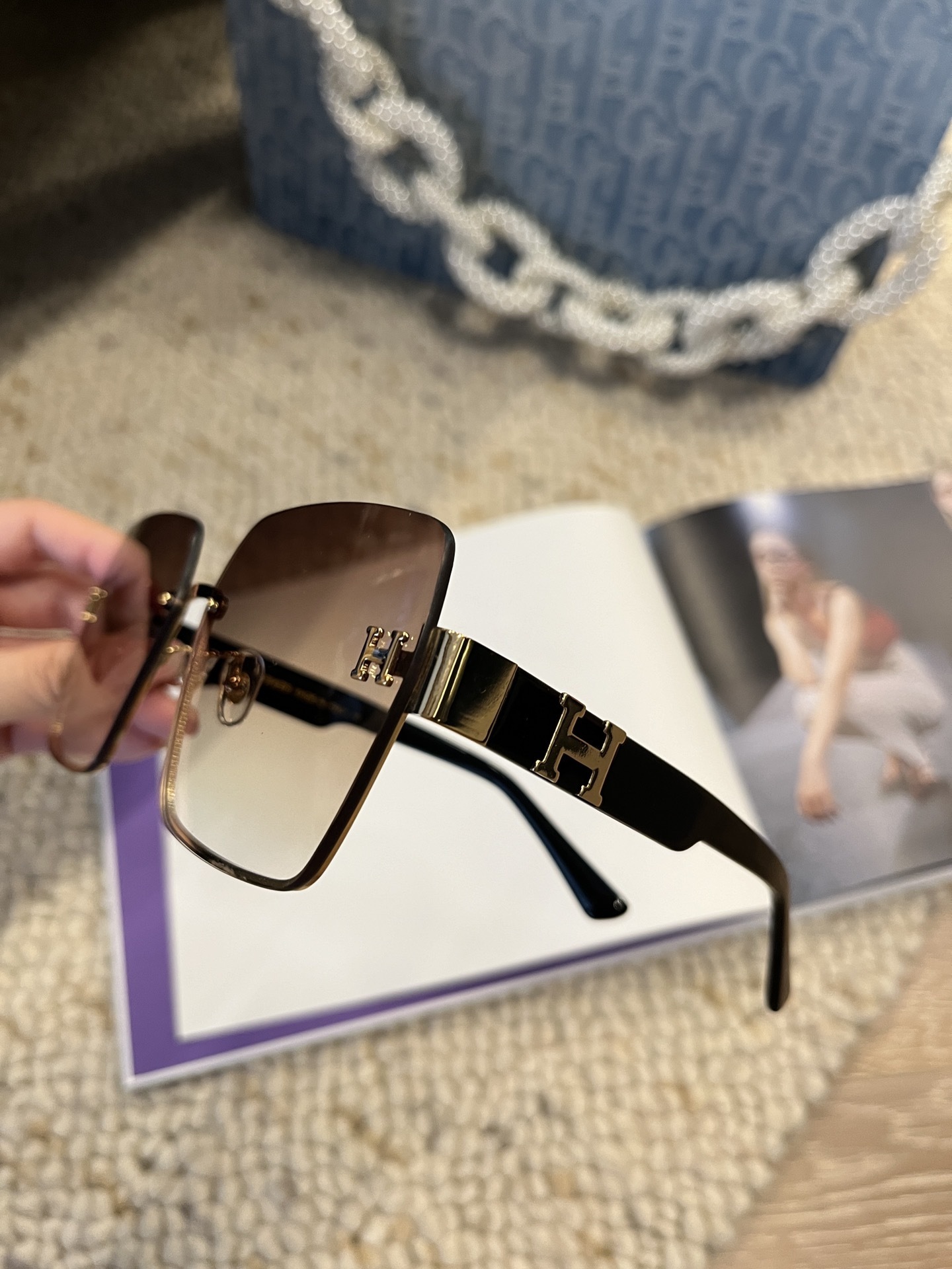 Luxury Oversized Square Sunglasses with Gradient Lens & Gold H-Logo