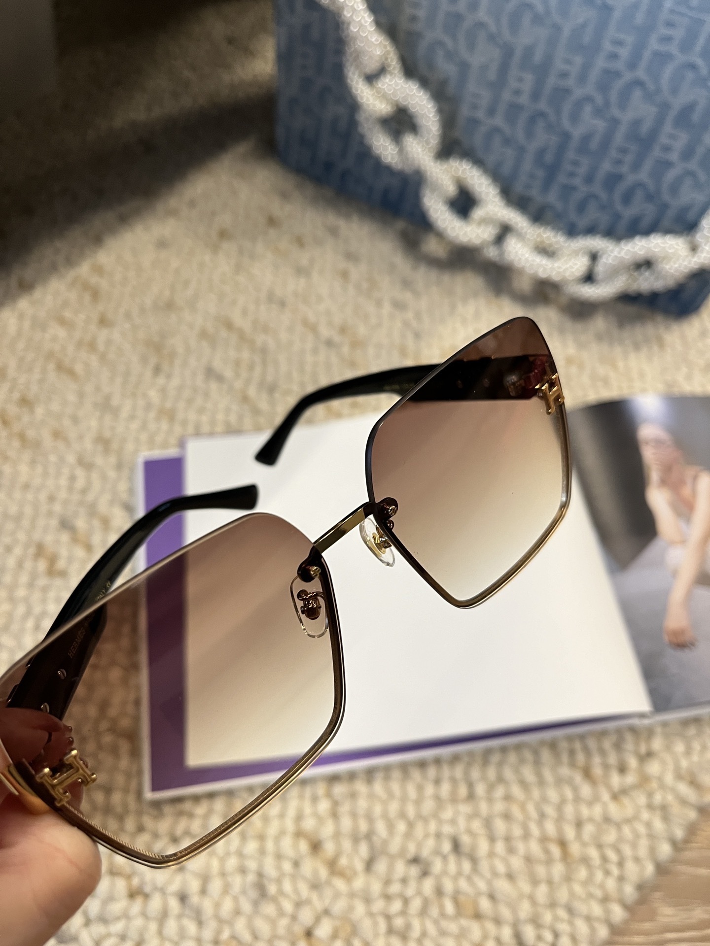 Luxury Oversized Square Sunglasses with Gradient Lens & Gold H-Logo