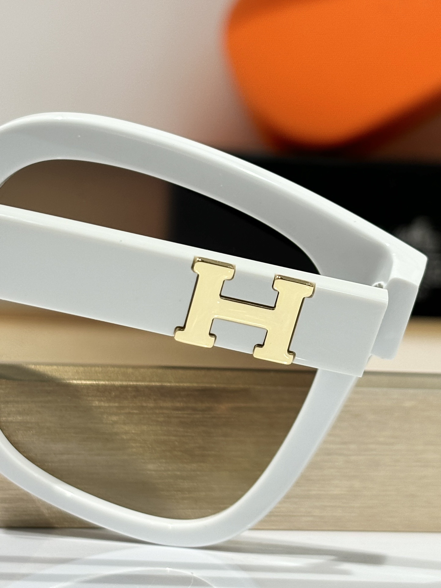 Hermès Luxury White Square Sunglasses with Gold H Logo