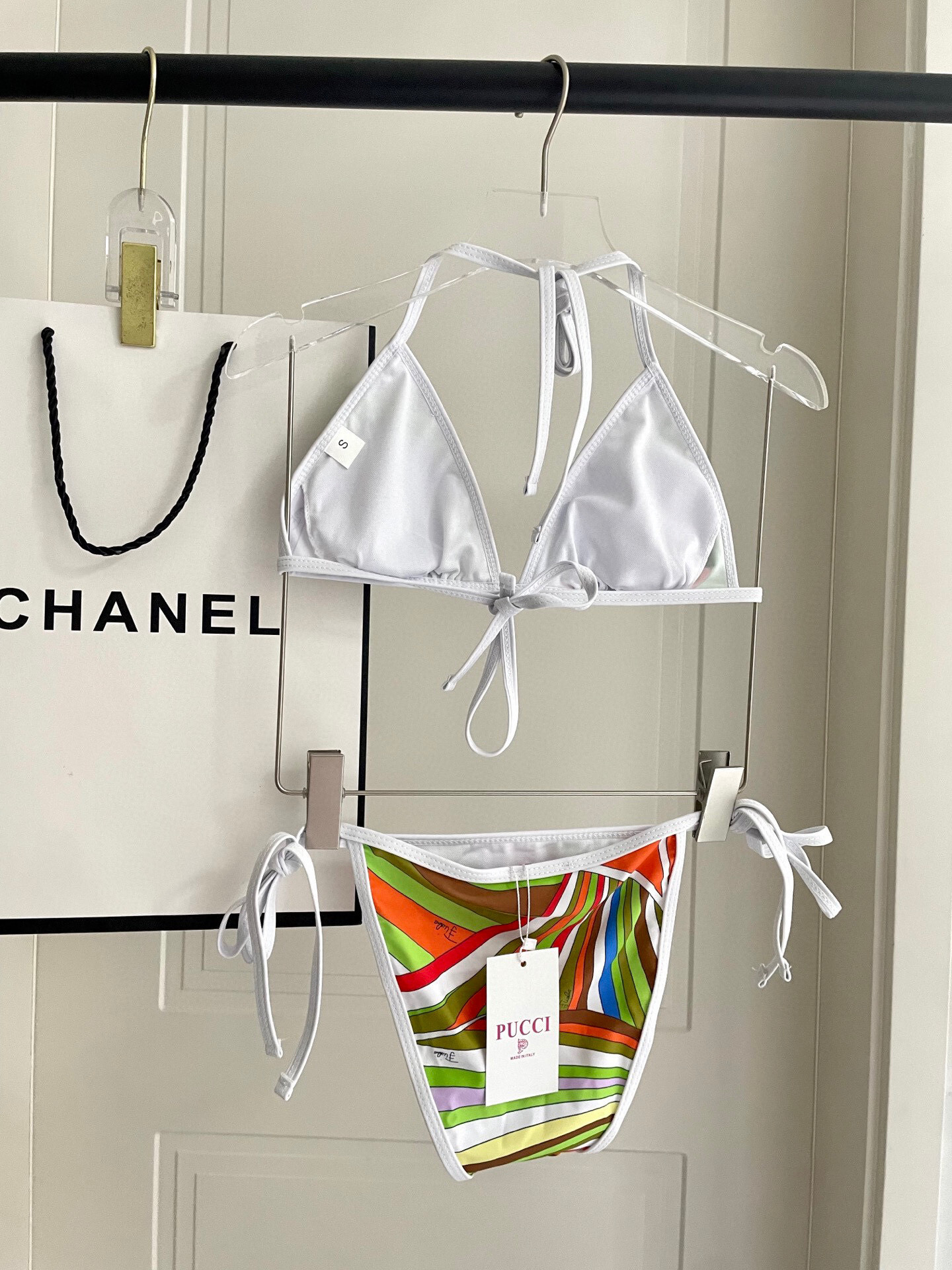 Multicolor Retro Abstract Print Triangle String Bikini Set