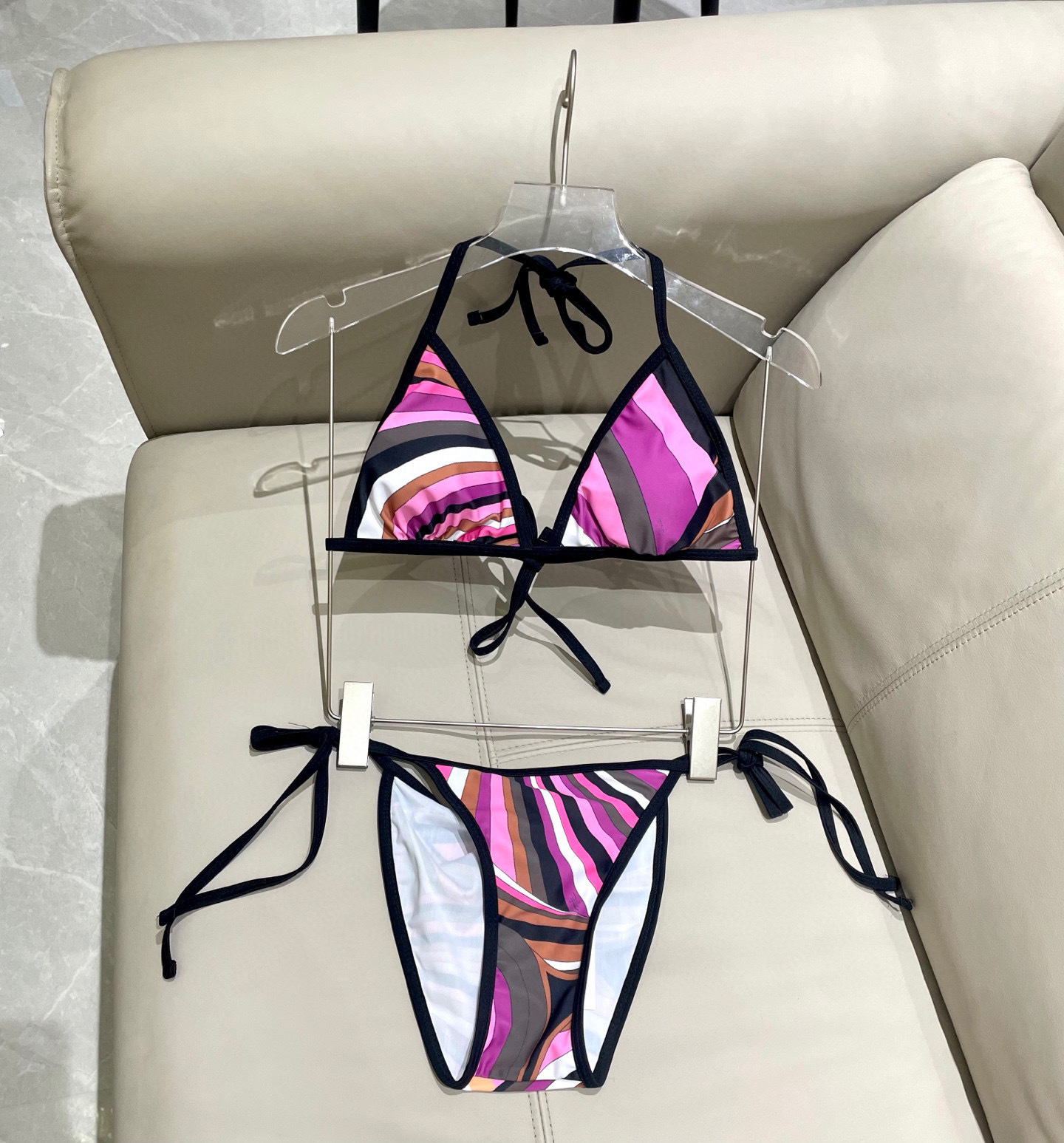 Pink Abstract Swirl Triangle Bikini Set – Tie-Side Summer Swimwear