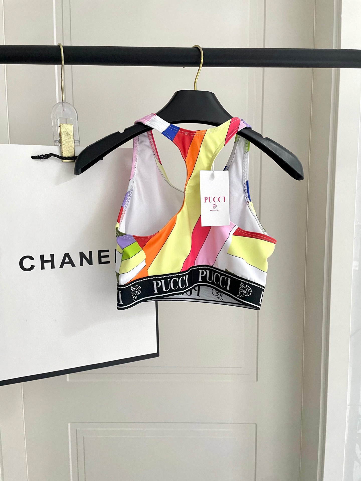 Emilio Pucci Multicolor Striped Logo Sports Bra Top Size S